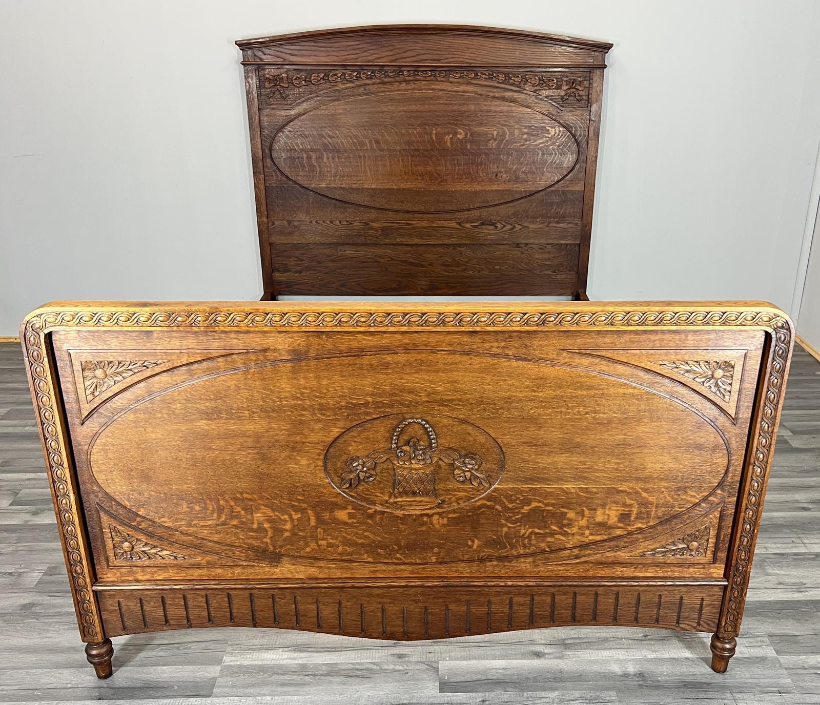 Bed Frame Antique French Oak Double Size Basket Carved (1 of 8)