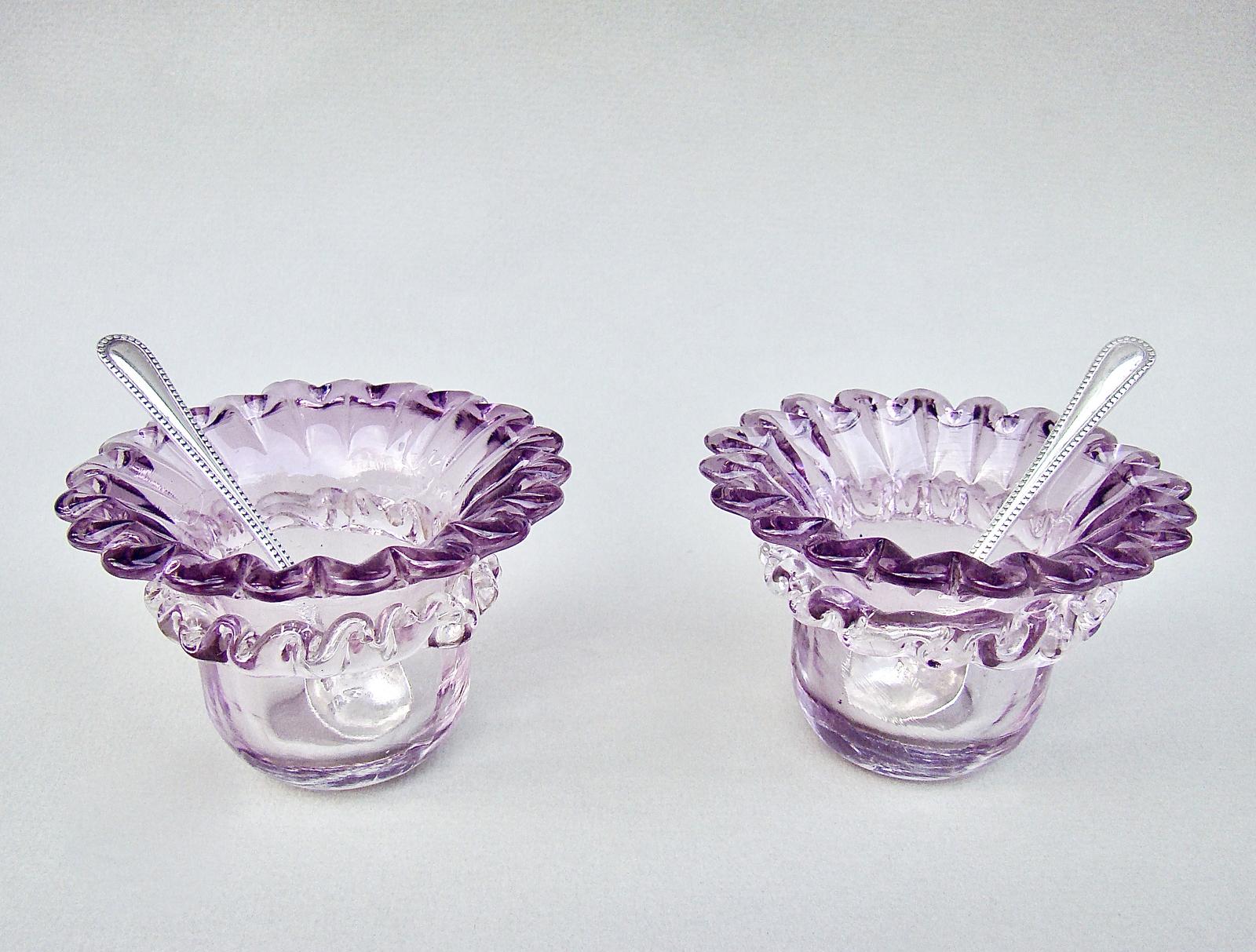 Delightful Pair of Victorian Amethyst Glass Salts with Silver Spoons, Birmingham 1900 (1 of 7) Delightful Pair of Victorian Amethyst Glass Salts with Silver Spoons, Birmingham 1900 (1 of 7)