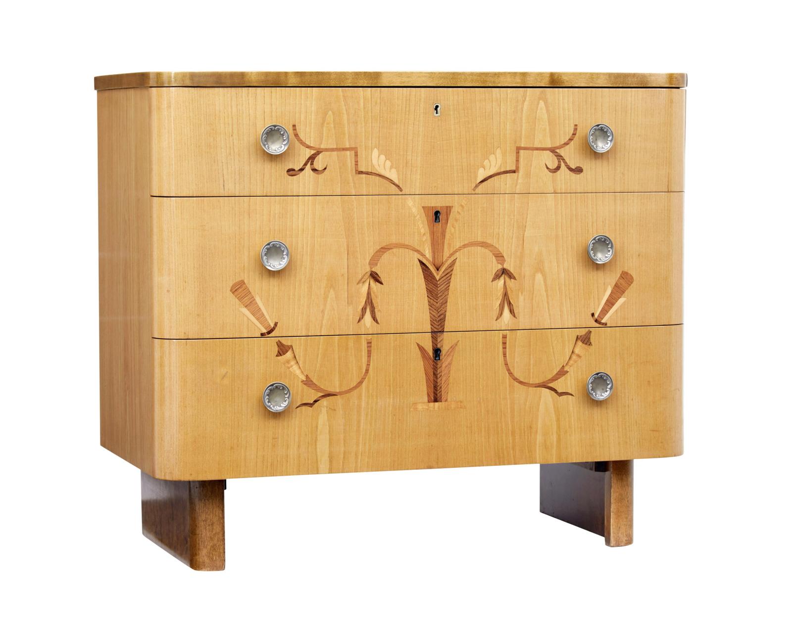 Mid 20th Century Swedish Inlaid Elm & Birch Chest of Drawers (1 of 9)