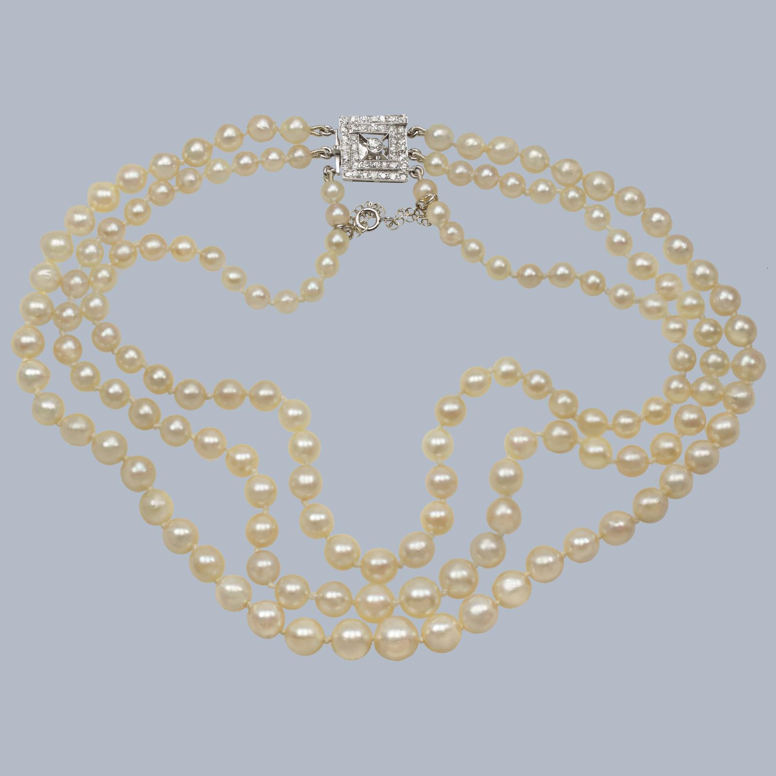 Art Deco 1930s Triple Strand Pearl Necklace with Diamond Clasp & Gem Lab Certificate (1 of 11)
