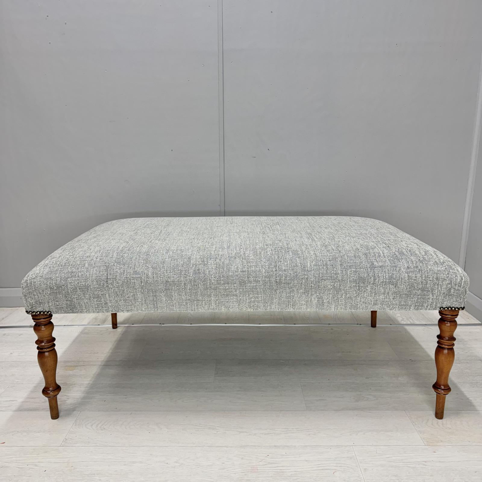 Large Grey Linen Footstool on Turned Legs (1 of 6) Large Grey Linen Footstool on Turned Legs (1 of 6)