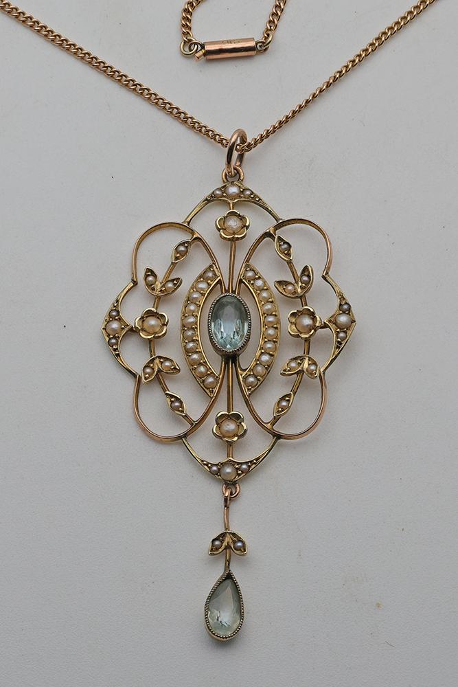 Edwardian Aquamarine & Seed Pearl 14ct Gold Necklace (1 of 2)