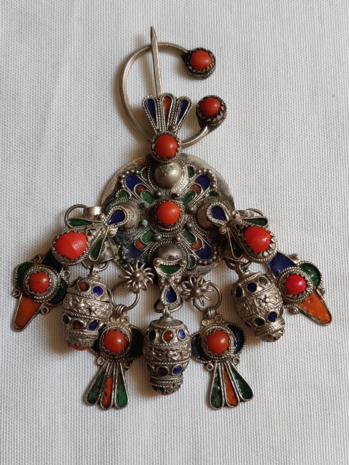 Antique Berber Old Coin Silver Enamelled Fibula Tabzimt from Kabylie, Algeria (1 of 4)