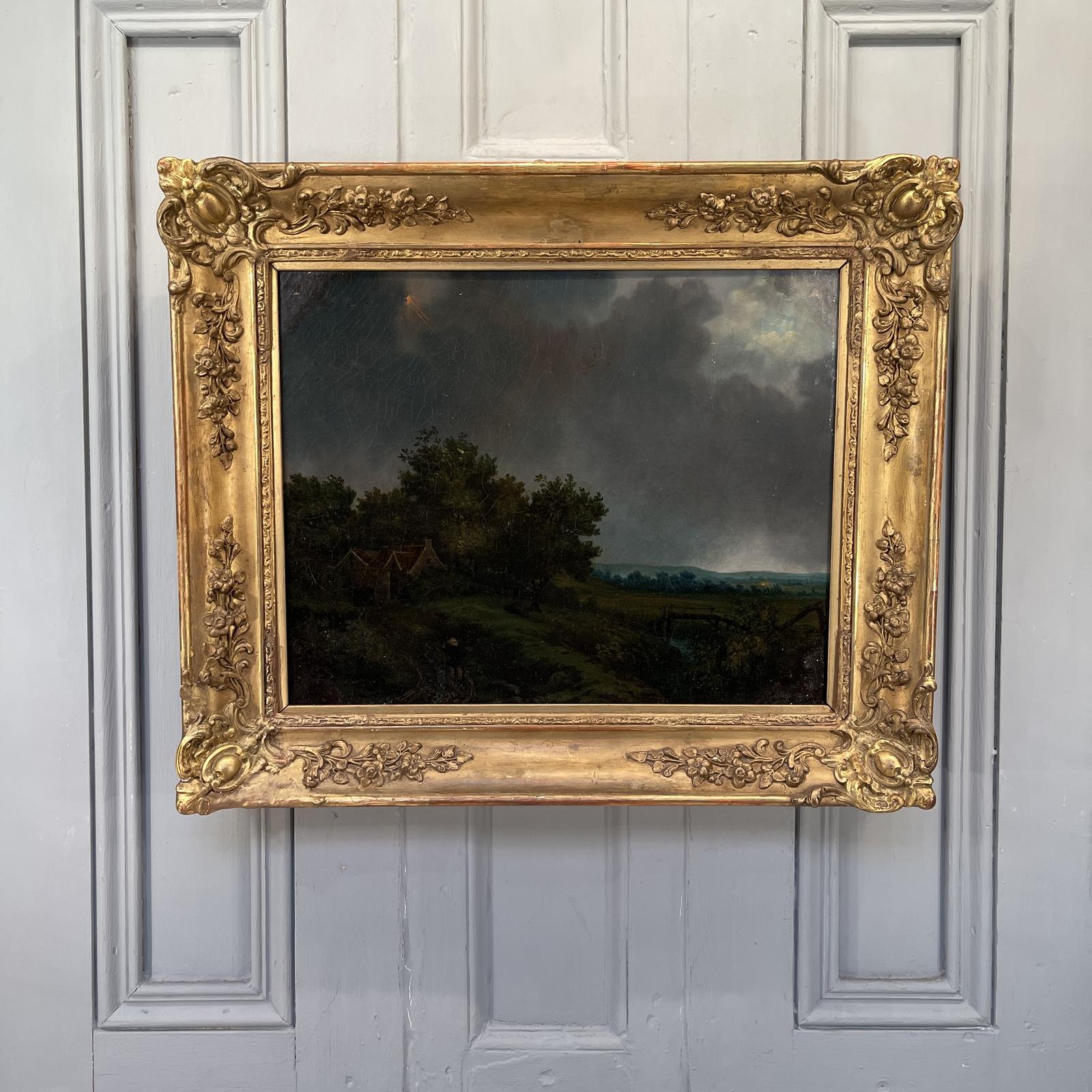 Antique French River Landscape Oil Painting with Cottages & Figure (1 of 11) Antique French River Landscape Oil Painting with Cottages & Figure (1 of 11)