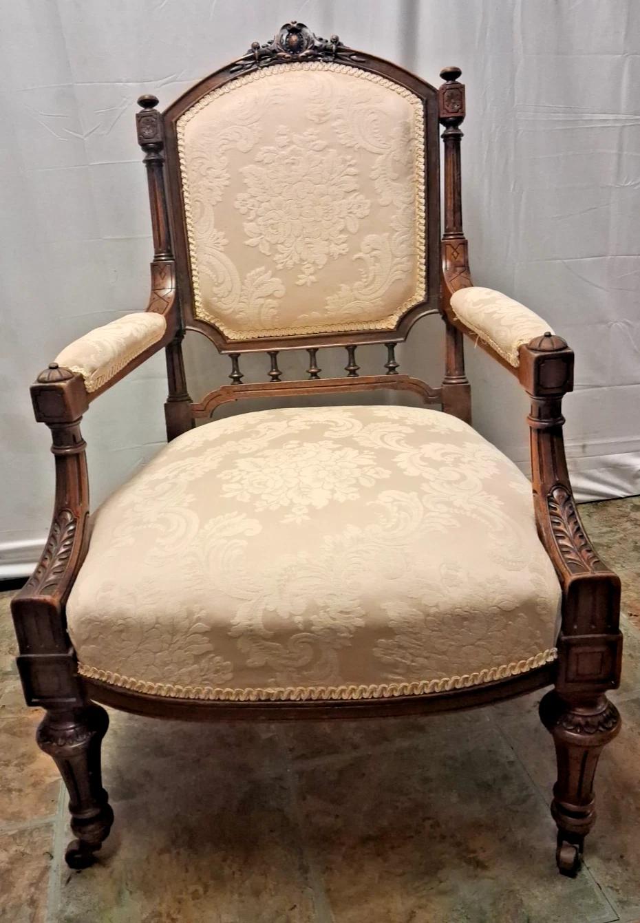 Antique 19th Century Upholstered Library Chair With Gorgeous Carvings (1 of 10)