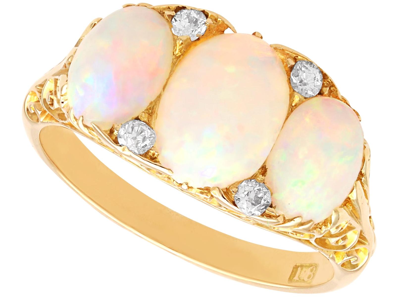 Antique 2.35ct White Opal & 0.12ct Diamond, 18ct Yellow Gold Trilogy Ring c.1885 (1 of 10)