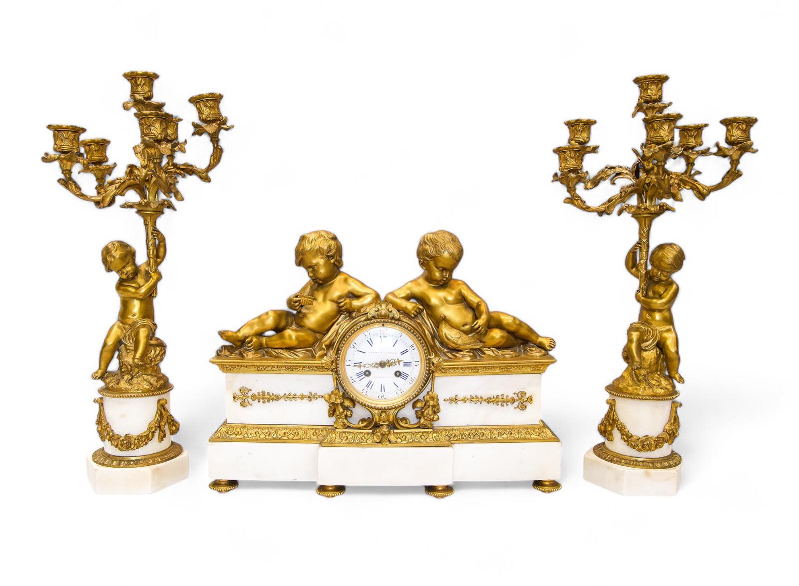 Fine Quality Antique French Ormolu & Marble Clock Set with Cherubs (1 of 10)