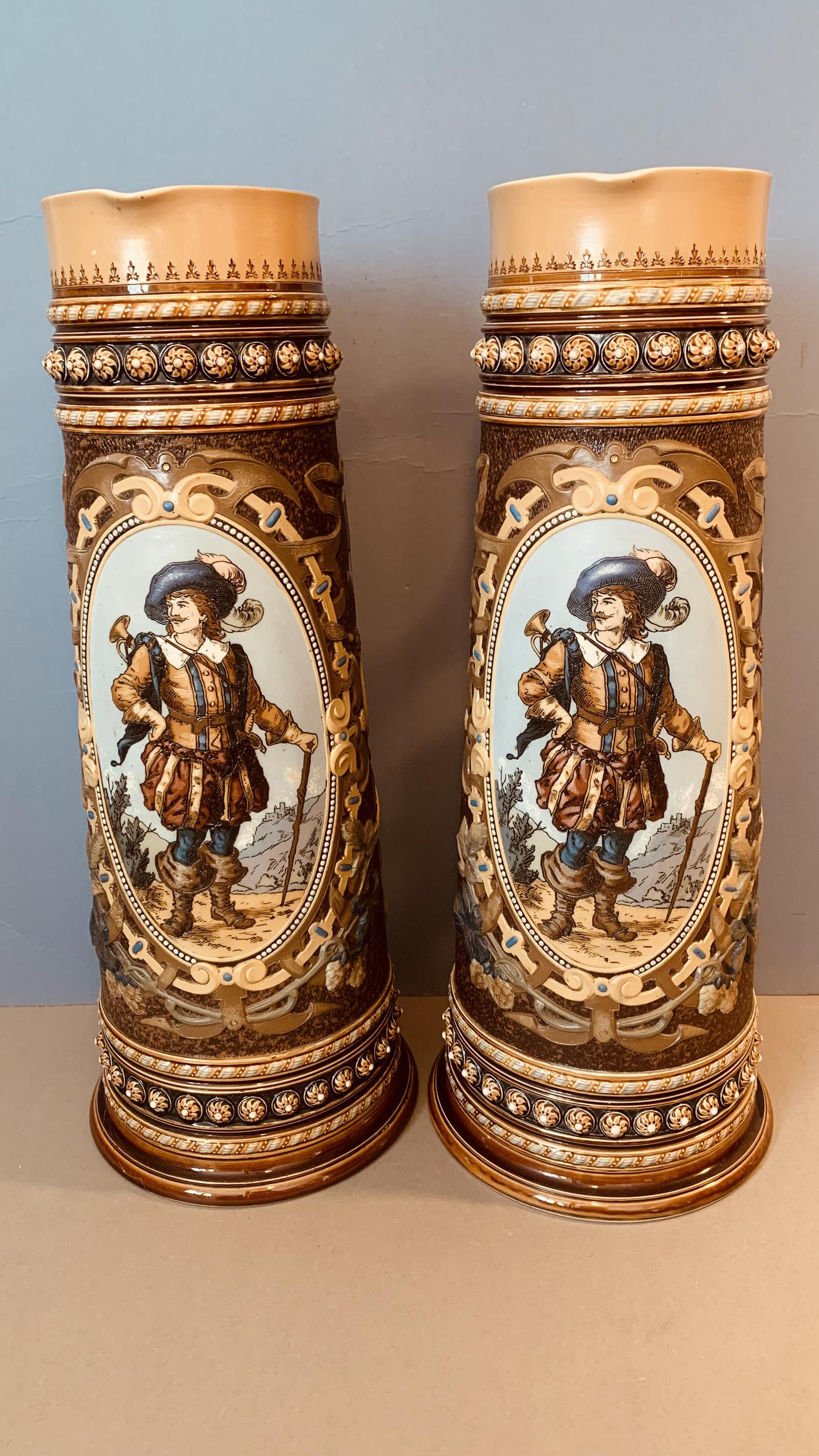 Pair of Large Mettlach Hand Painted Steins C1885 (1 of 6)