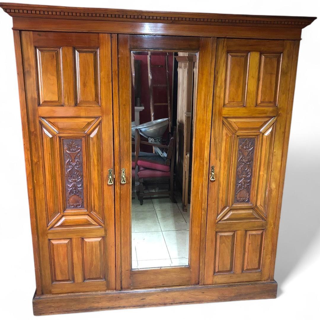 Large Antique Walnut Triple Wardrobe with Mirror Door 1910s (1 of 15)