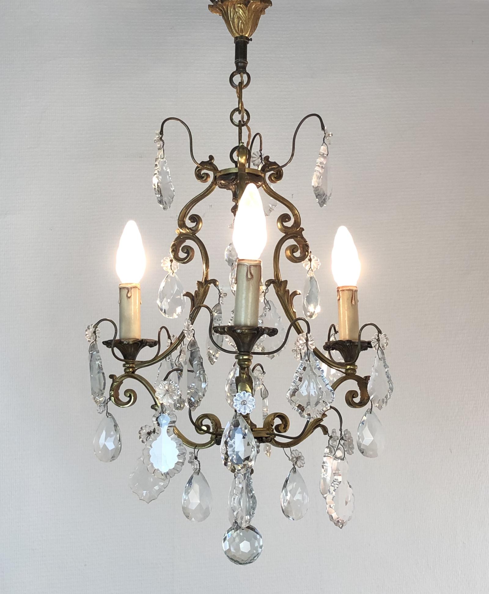 Antique French Gilt Bronze 3 Arm Chandelier With Glass Droplets (1 of 11)