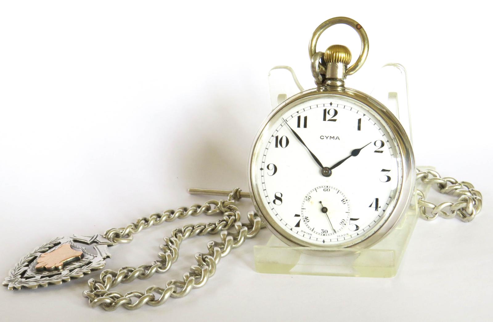 Pocket Watch : 1930s Silver Cyma Pocket Watch and Chain (1 of 4)