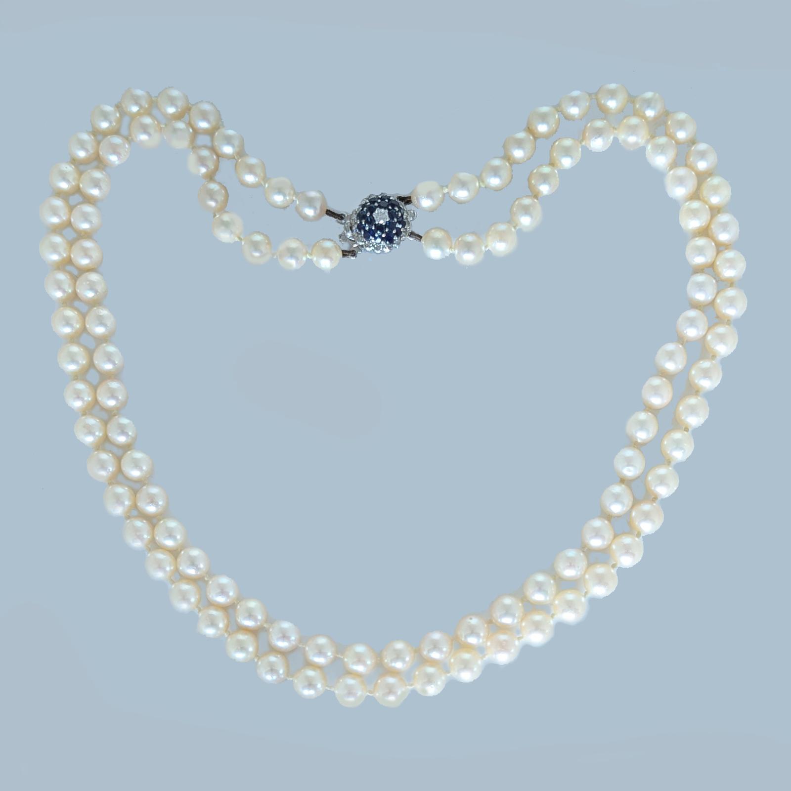 1960s Double Strand Pearl Necklace with 9ct Gold Sapphire & Diamond Cluster Clasp (1 of 10)