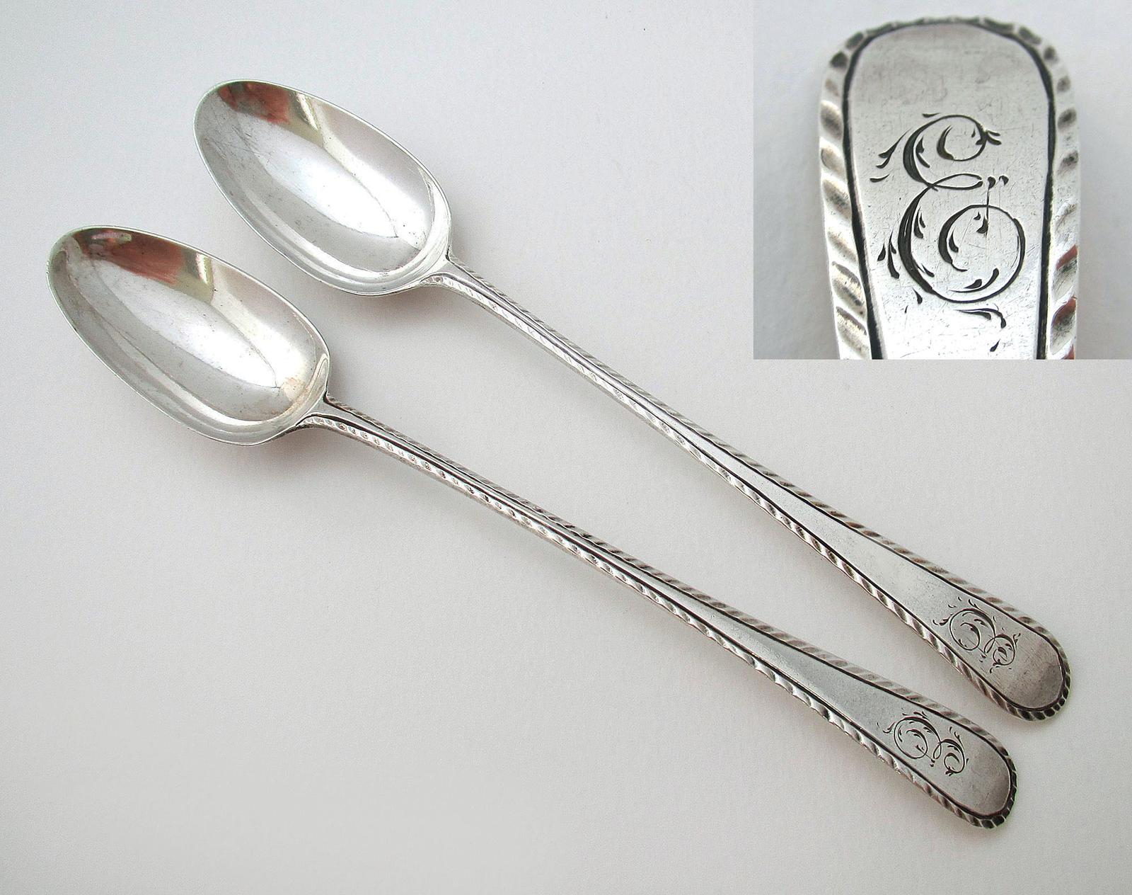 Rare George III Feather Edge Pattern English Georgian Antique Solid Sterling Silver Duty Dodger Long Tea Spoons Pair 18th Century (1 of 5)
