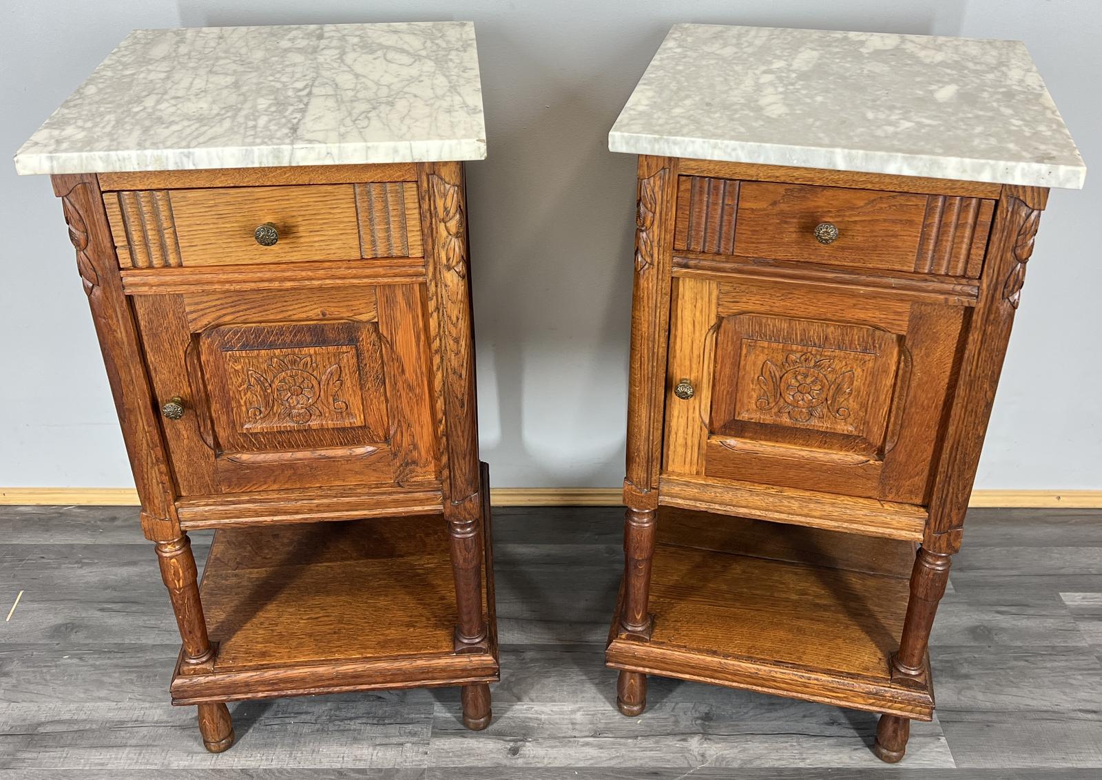 Pair of Bedside Tables Antique French Oak with Marble Tops Cabinets (1 of 13)