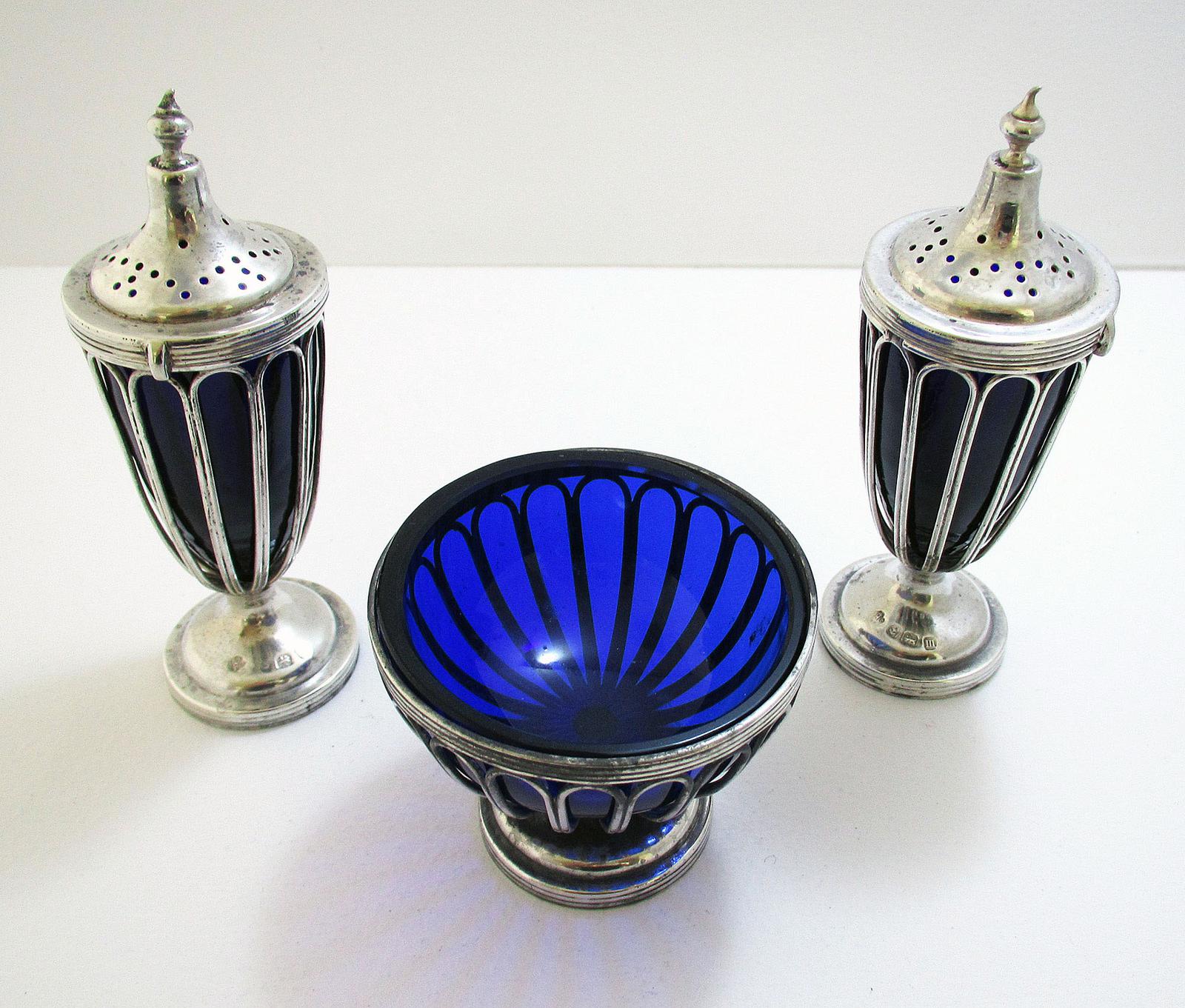 Antique English Edwardian (1911) Solid Sterling Silver & Bristol Blue Glass Salt Cellar Pepper Shaker Pots Cruet Set (1 of 7) Antique English Edwardian (1911) Solid Sterling Silver & Bristol Blue Glass Salt Cellar Pepper Shaker Pots Cruet Set (1 of 7)