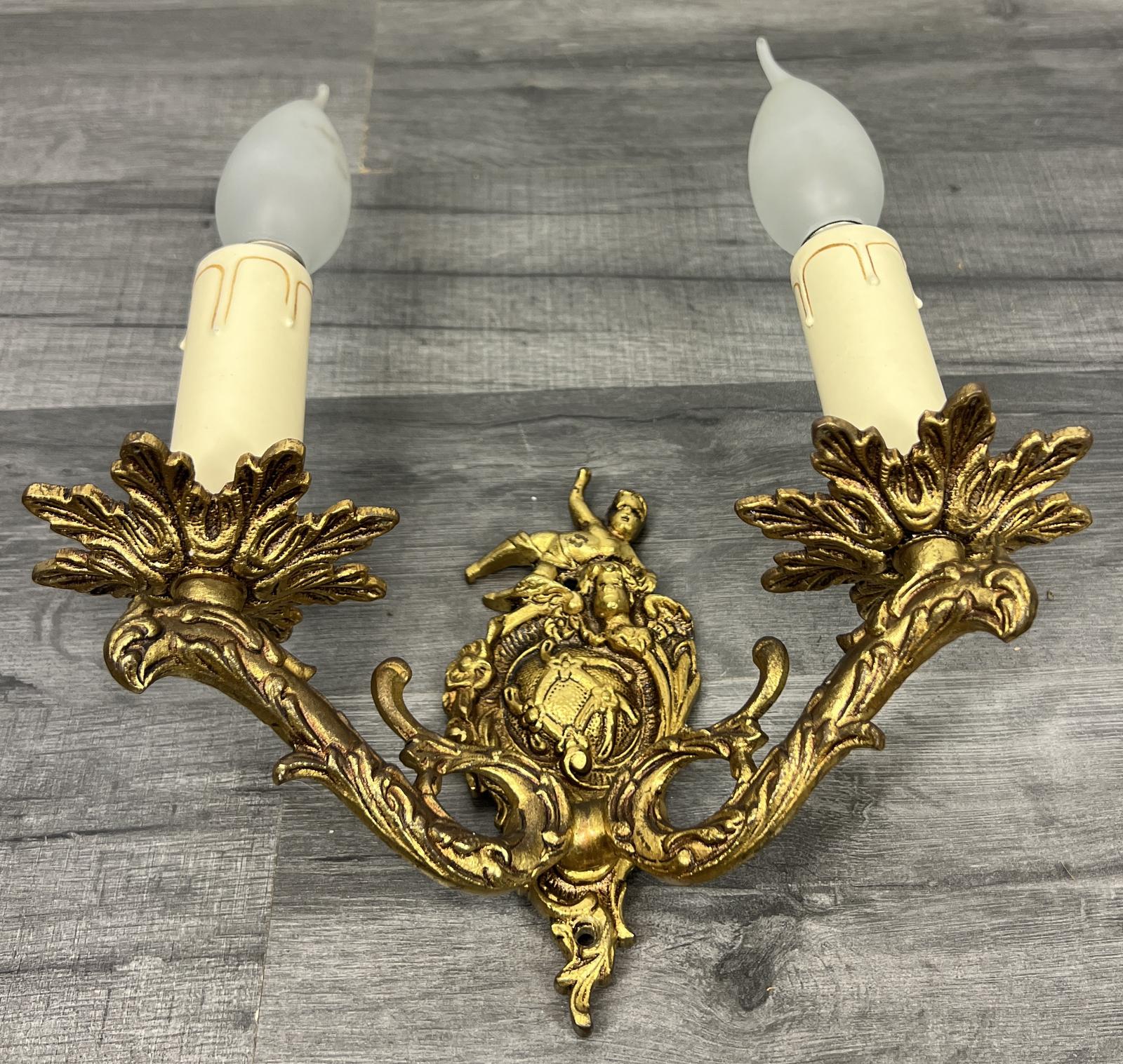 Vintage French Wall Light Brass Cherub Double Arm Rococo Sconce (1 of 8)