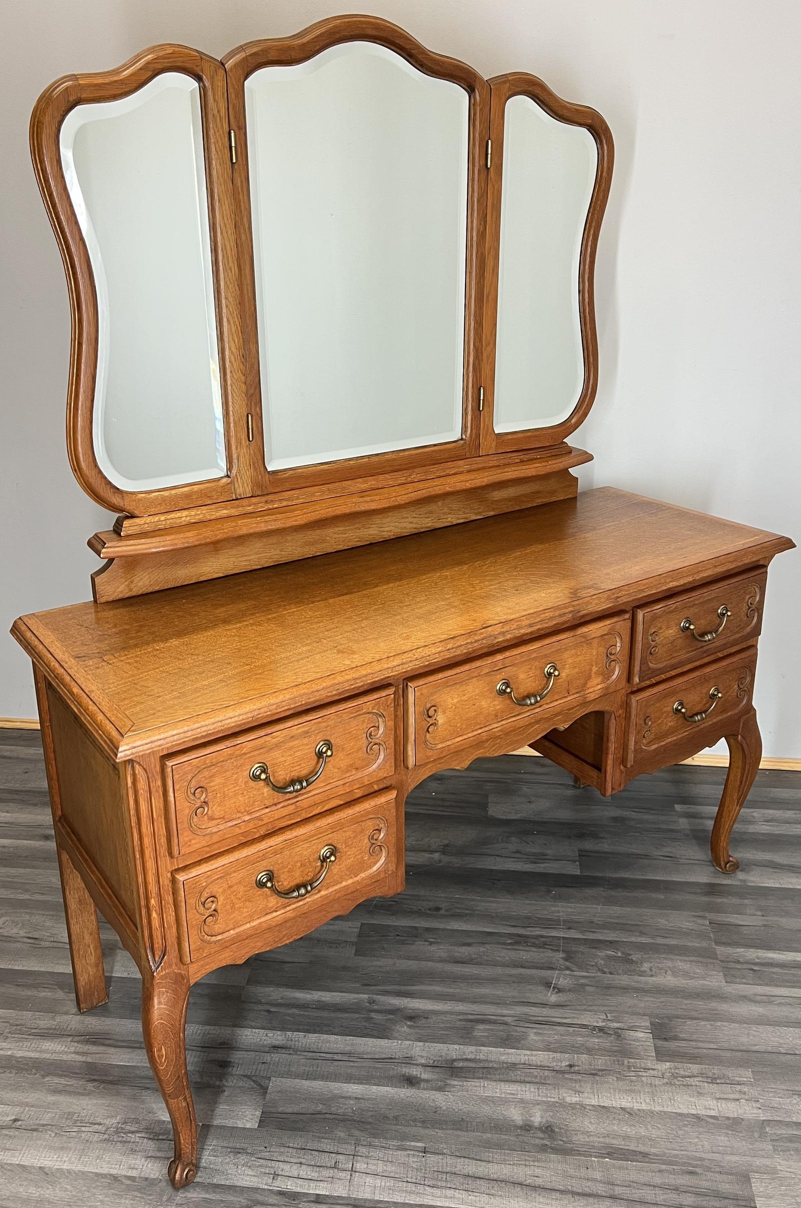 Vintage Dressing Table with Mirror French Oak Vanity Table Makeup (1 of 11)