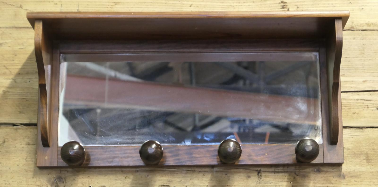 French Dark Pine Wall Mirror with Shelf and Coat Hooks (1 of 5)