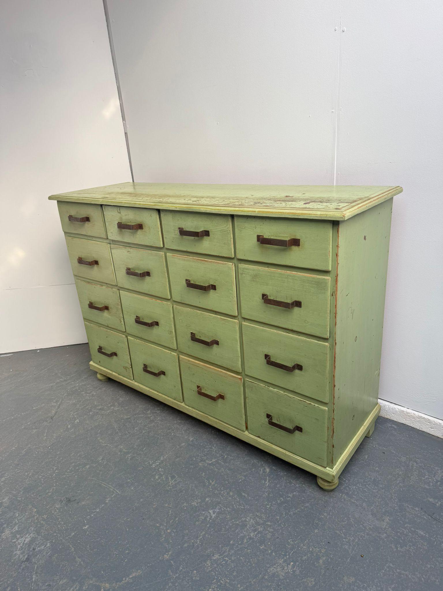 A Lovely Original Antique / Old Pine Painted Light Green 16 Drawer Shop Fitting (1 of 11) A Lovely Original Antique / Old Pine Painted Light Green 16 Drawer Shop Fitting (1 of 11)