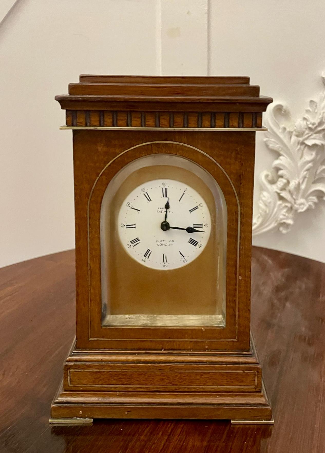 Unusual Antique Victorian Quality Mahogany Brass Inlaid Desk Clock by Dent of London (1 of 6)
