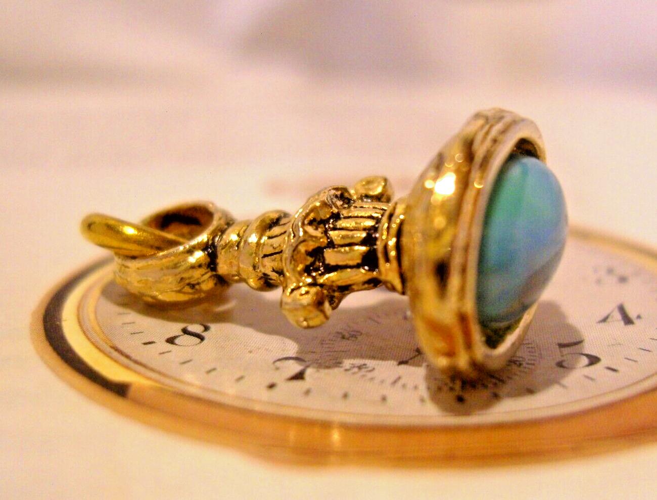 Fob Gilt Large Georgian Revival Pocket Watch Chain 1950s Faux Turquoise Fob (1 of 9)