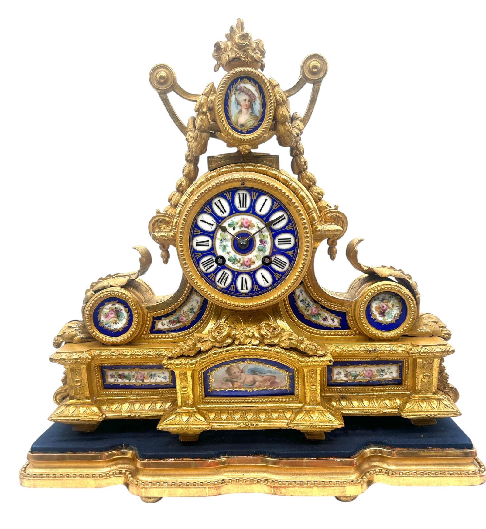 Gilt Spelter Coalport Blue Sevres Mantel Clock - Cherub & Floral Design Panels (1 of 8) Gilt Spelter Coalport Blue Sevres Mantel Clock - Cherub & Floral Design Panels (1 of 8)