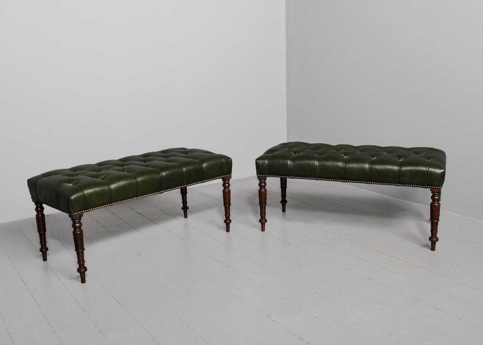 Pair of Leather Upholstered Mahogany Framed Long Benches / Stools with Fluted Legs (1 of 9)