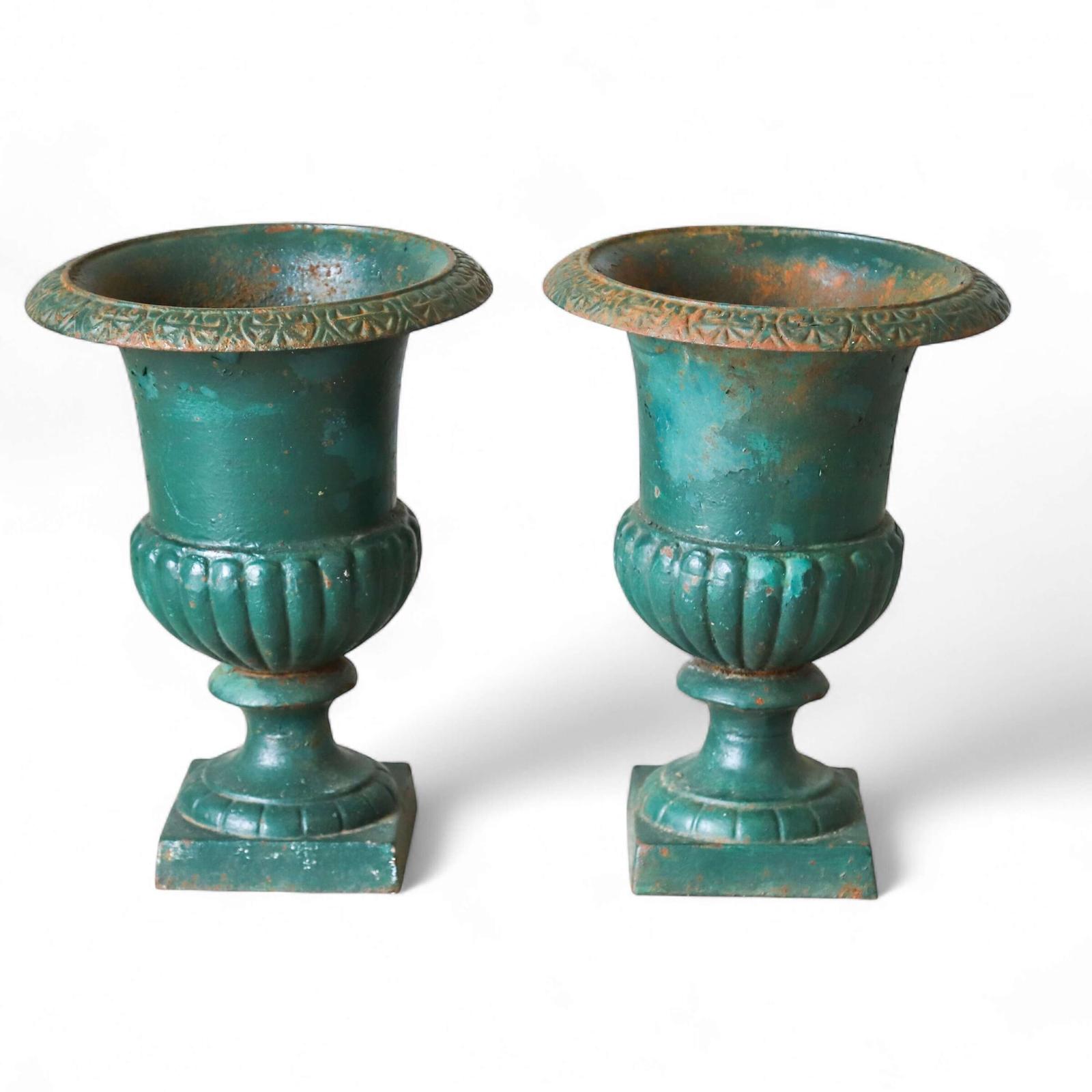 Pair of antique French cast iron Urns with original green paint (1 of 9)