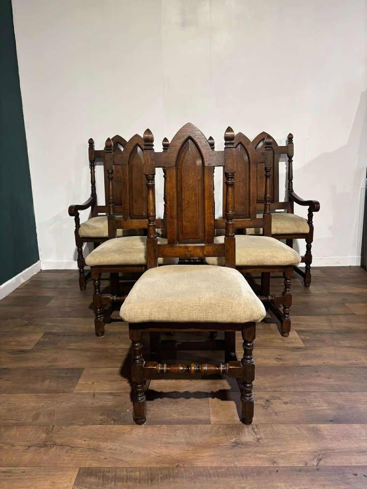 Six Reproduction Oak Gothic Style Dining Chairs (1 of 20)