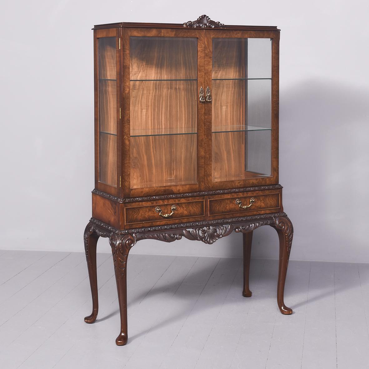 Georgian-style Burr Walnut Glazed Display Cabinet on Carved Stand (1 of 11)