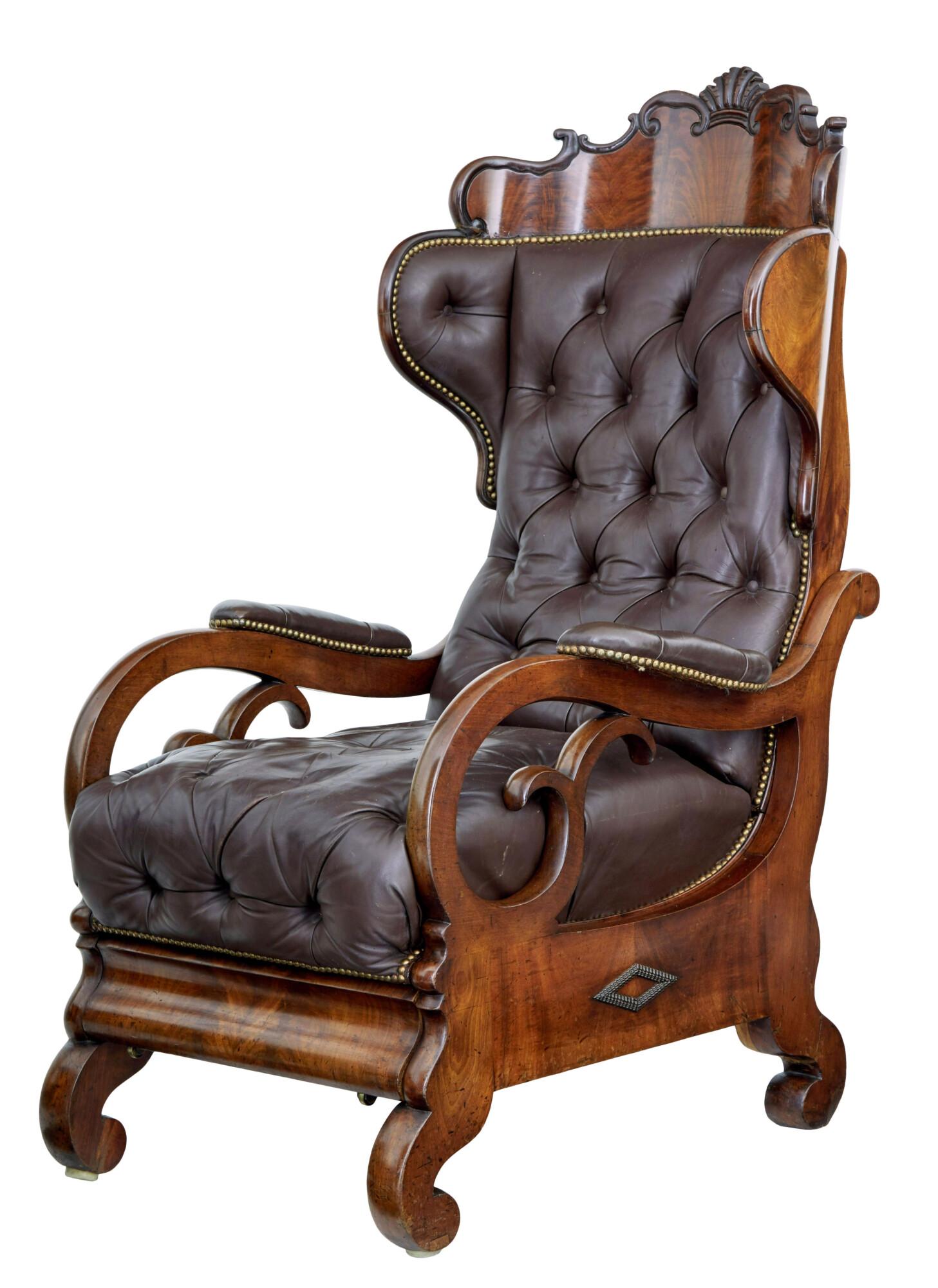 Mid 19th Century French Empire Mahogany & Leather Reclining Chair (1 of 10)