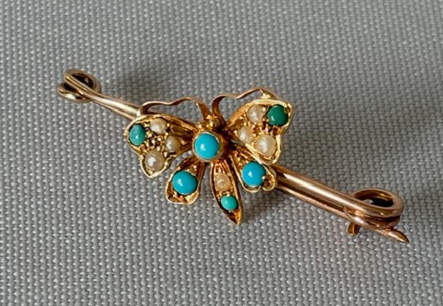Victorian 9ct Gold, Turquoise & Seed Pearls Butterfly Brooch (1 of 5) Victorian 9ct Gold, Turquoise & Seed Pearls Butterfly Brooch (1 of 5)
