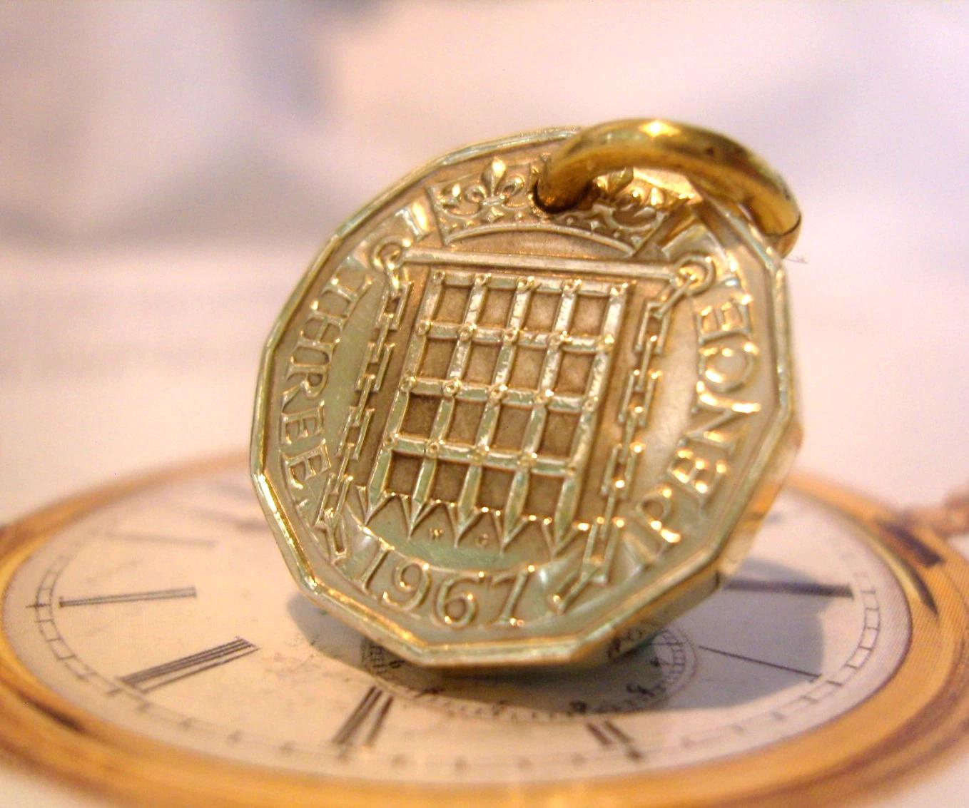 1967 Pocket Watch Chain Coin Fob Vintage Lucky Thrupenny Bit Old English 3d (1 of 7)