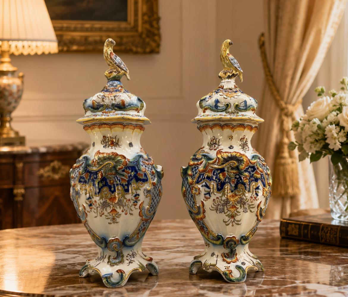 Pair of French Antique Faience Delft Polychrome Vases Inc Parrot Lids & Flowers (1 of 19) Pair of French Antique Faience Delft Polychrome Vases Inc Parrot Lids & Flowers (1 of 19)