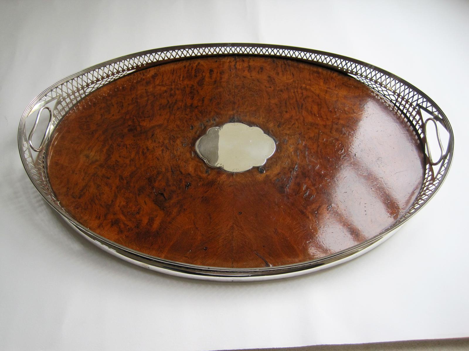 Victorian Oval Silver & Inset Walnut Gallery Tray (1 of 11)