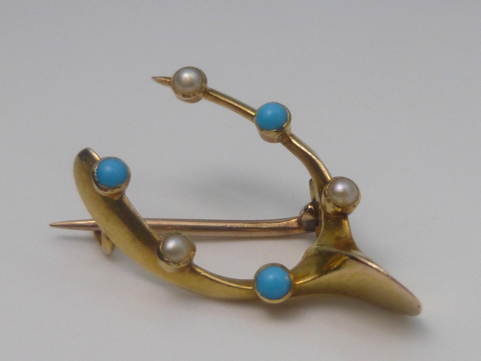 Edwardian 15ct Gold Turquoise & Pearl Wish Bone Brooch (1 of 5)
