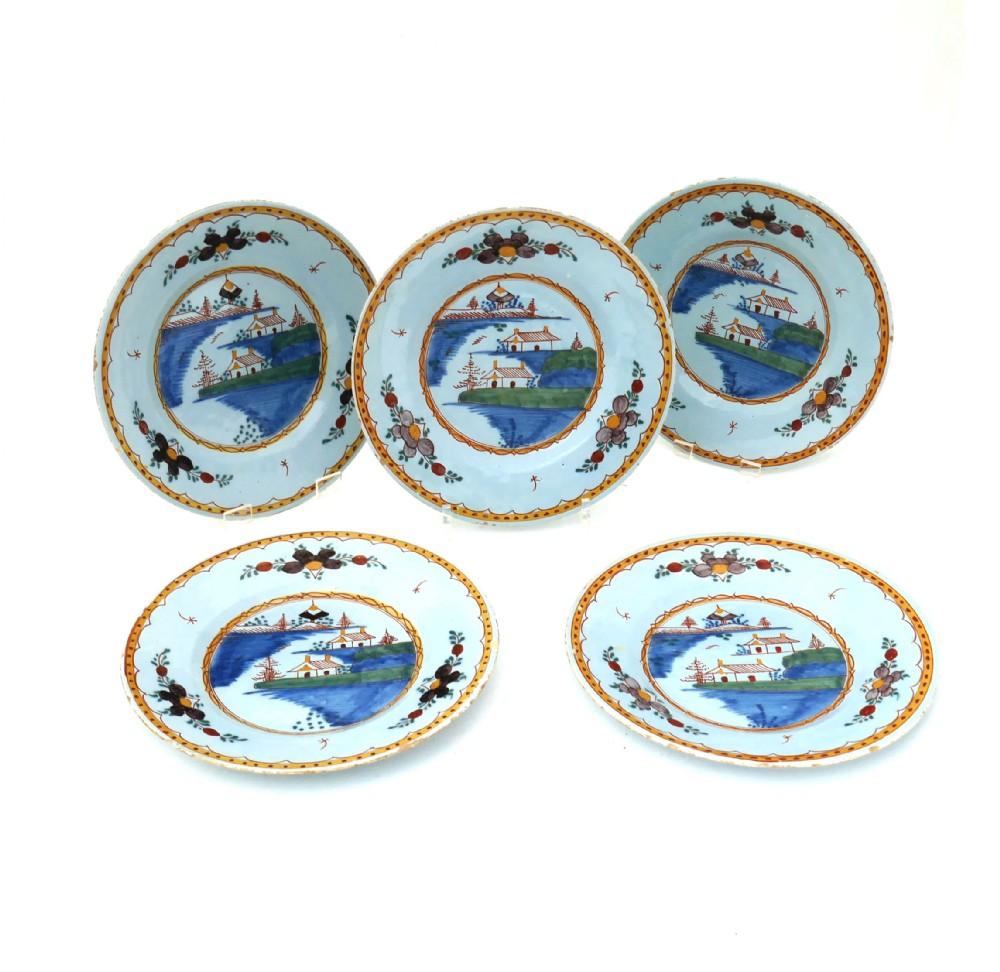 Antique Early Pottery Set of Five 18th Century Polychrome Delftware Plates - Dutch 1770-1790 (1 of 4) Antique Early Pottery Set of Five 18th Century Polychrome Delftware Plates - Dutch 1770-1790 (1 of 4)