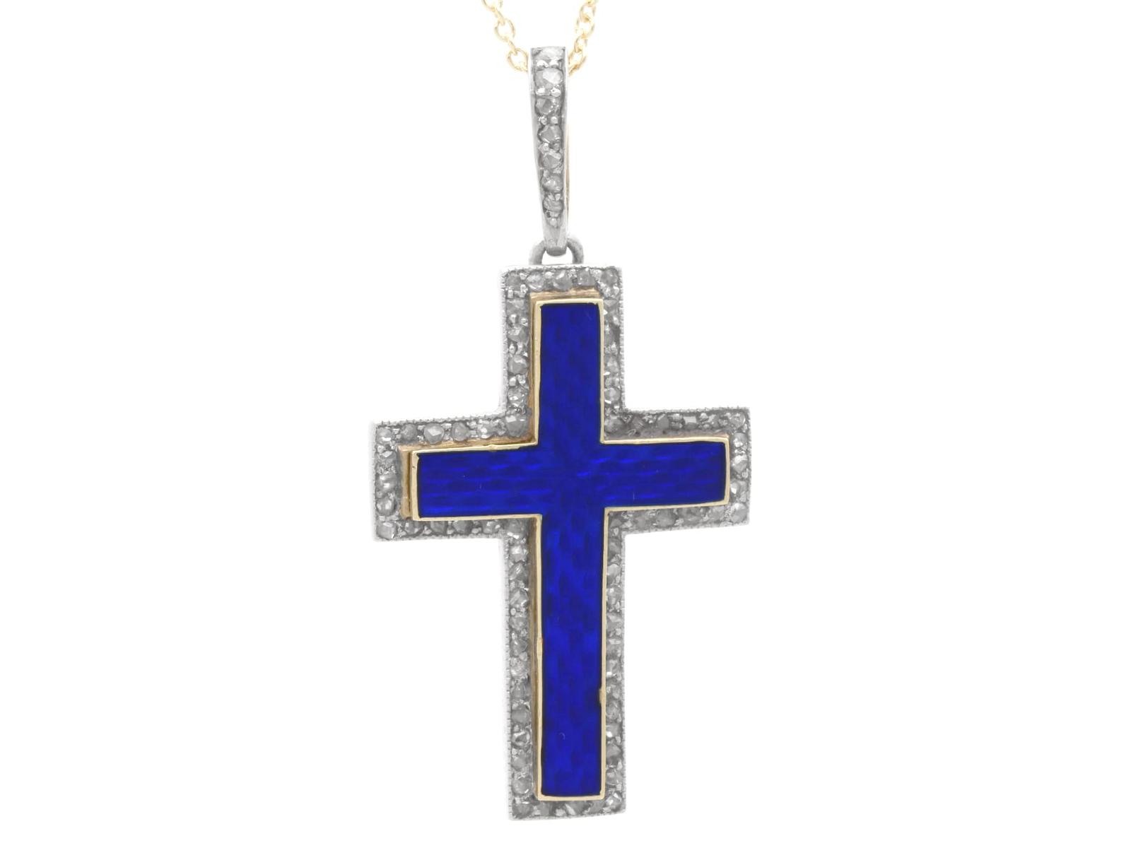 Antique 0.28ct Diamond & Blue Enamel 15ct Yellow Gold Cross Pendant c.1880 (1 of 10)