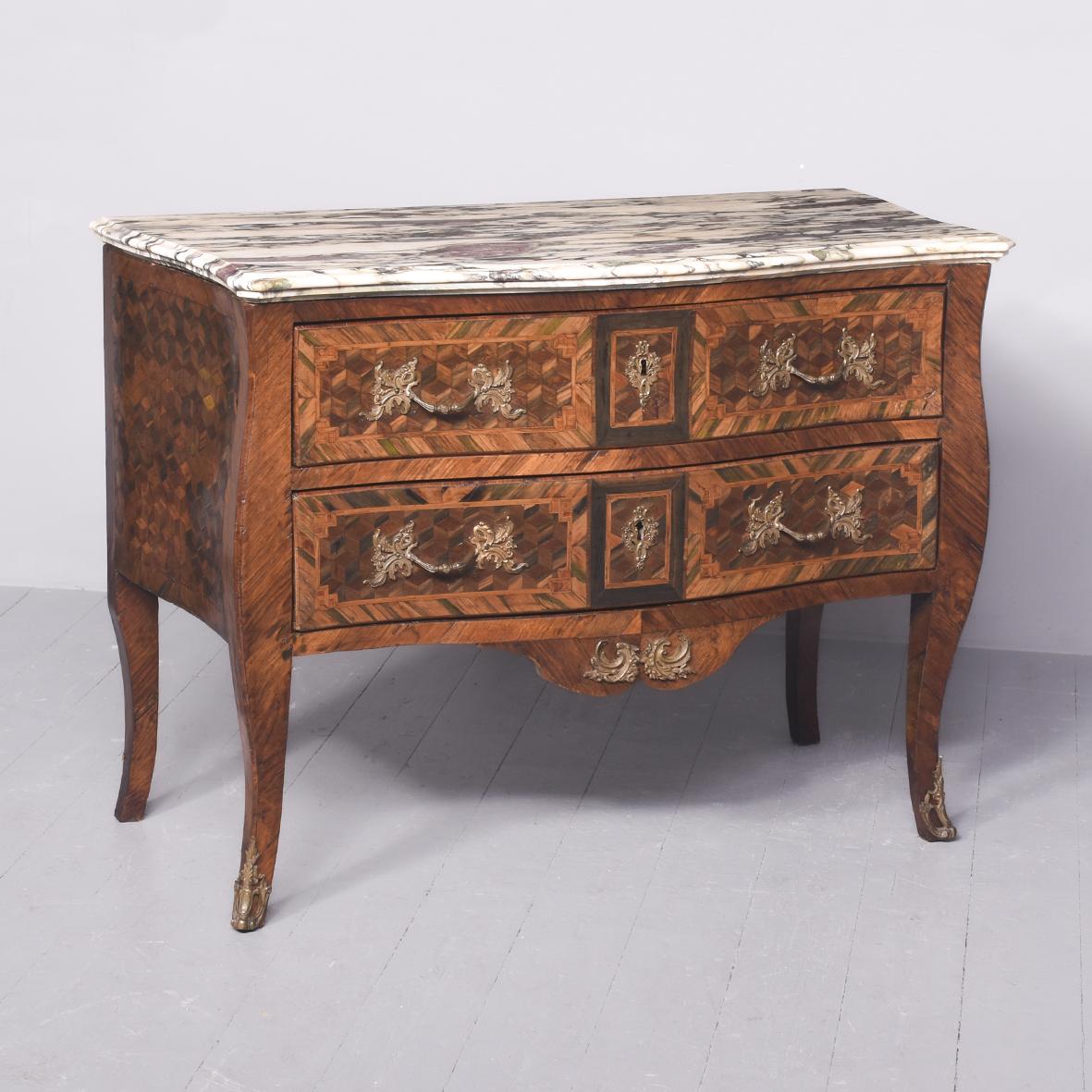Exceptional French Marble-Top Commode, Wood with Original Serpentine Front Breccia Marble Top (1 of 11)