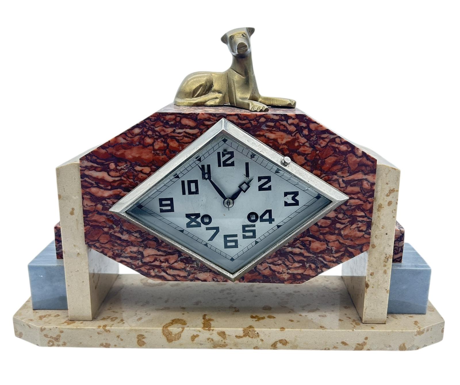 Exquisite French Art Deco Red & Grey Marble Dog Figural Mantel Clock ca.1920 (1 of 12)