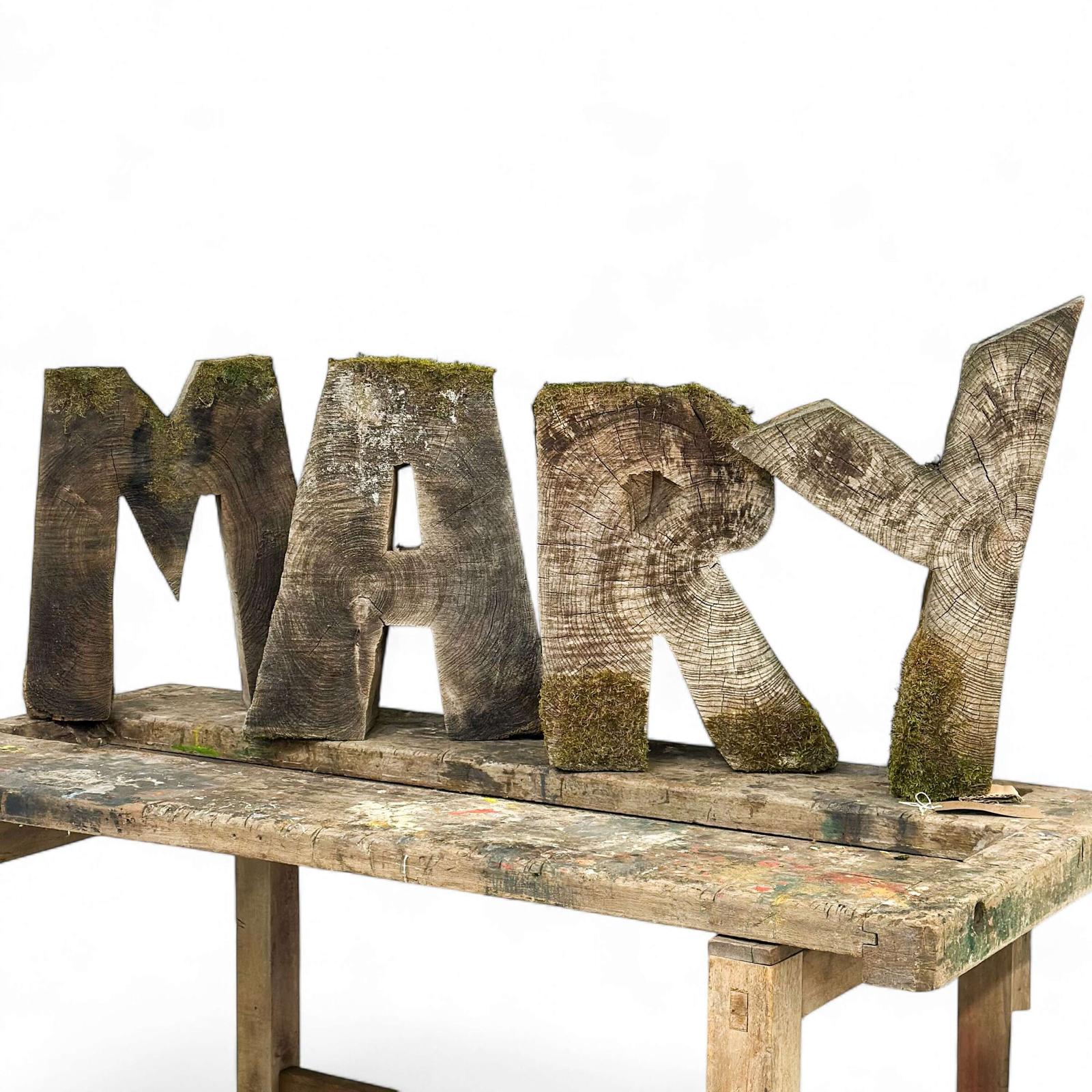 20th Century Hand-Cut Decorative Wooden MARY Lettering with Natural Moss Accents (1 of 8)