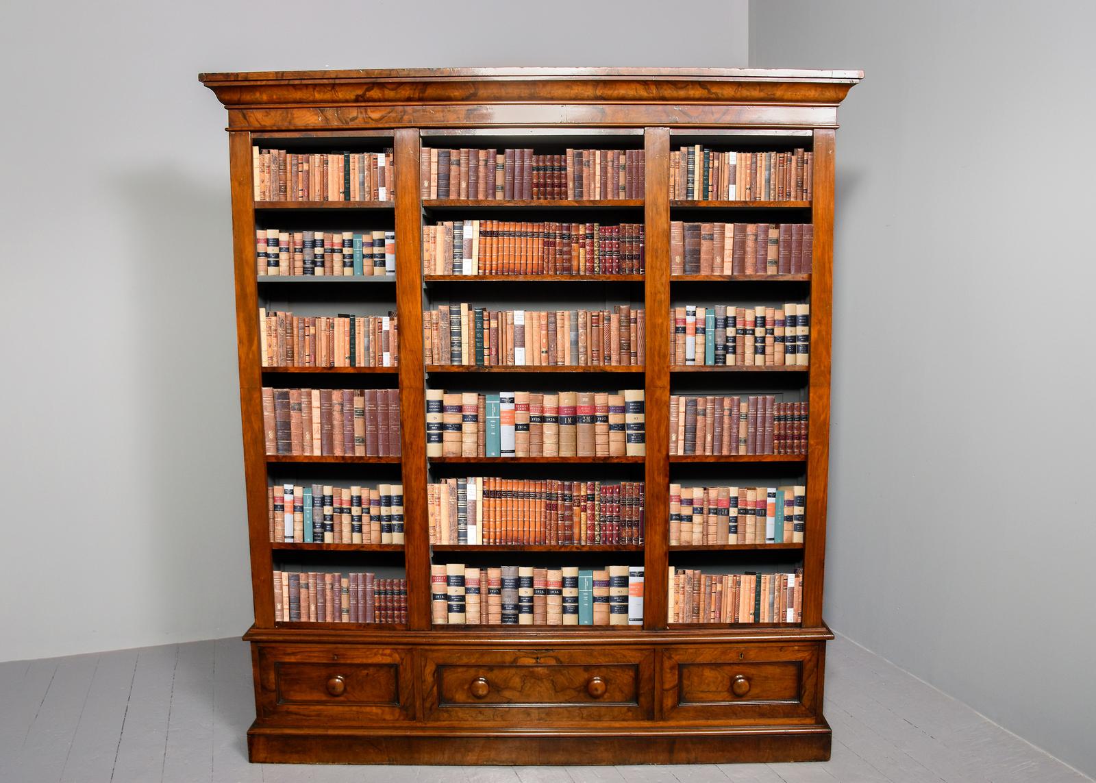Mid Victorian Figured-walnut Tall, Three-section Open Bookcase (1 of 10) Mid Victorian Figured-walnut Tall, Three-section Open Bookcase (1 of 10)
