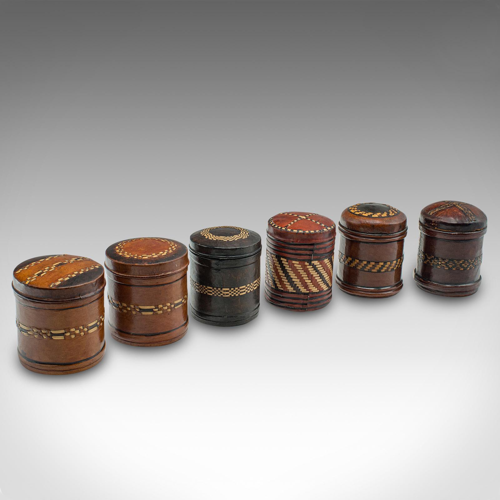 Set of 6 Small Antique Storage Tins, English, Leather, Cigarette Pot c.1920 (1 of 10) Set of 6 Small Antique Storage Tins, English, Leather, Cigarette Pot c.1920 (1 of 10)