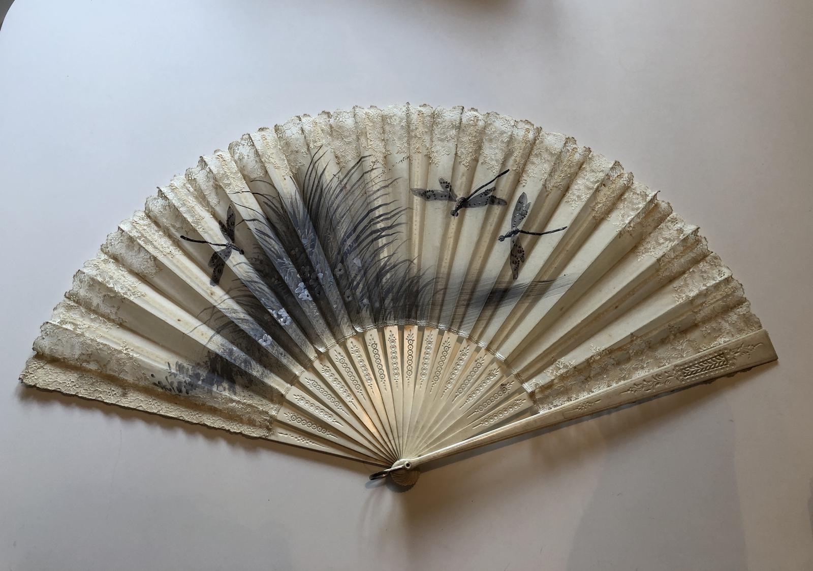 Silk Chiffon & Lace Fan Painted with Dragonflies on Bone Sticks (1 of 10)