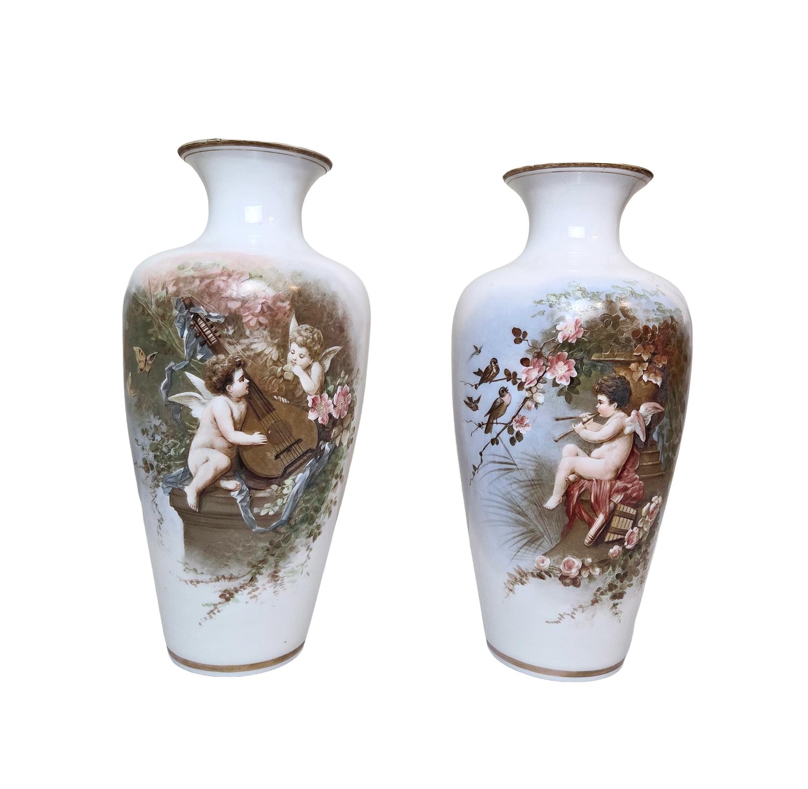 Antique Pair of White Glass Vases Depicting Cherubs in a Garden (1 of 7) Antique Pair of White Glass Vases Depicting Cherubs in a Garden (1 of 7)