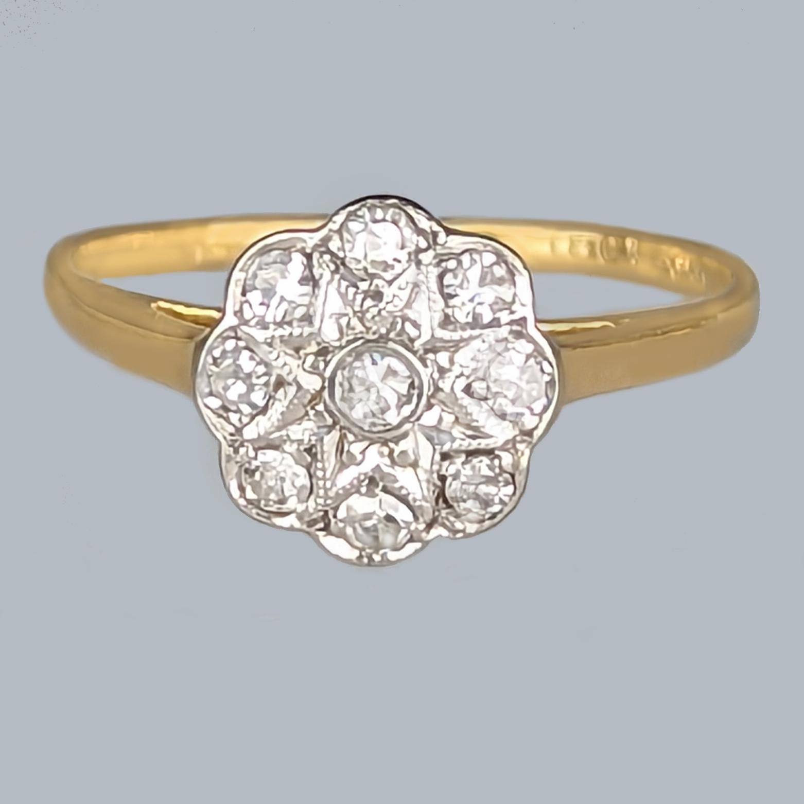 Antique 1920s Diamond Cluster Ring – 18ct Gold Daisy Engagement Ring – 0.30ct (1 of 8)