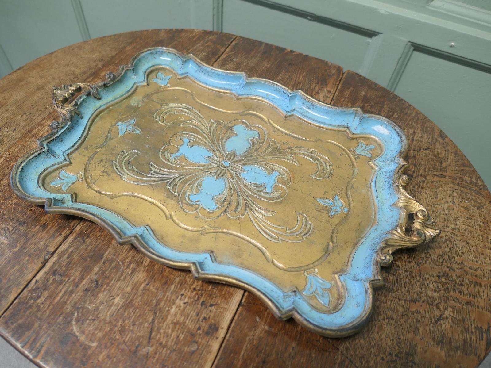 Decorative Carved Gold & Blue Painted Italian Sideboard Tray (1 of 6) Decorative Carved Gold & Blue Painted Italian Sideboard Tray (1 of 6)