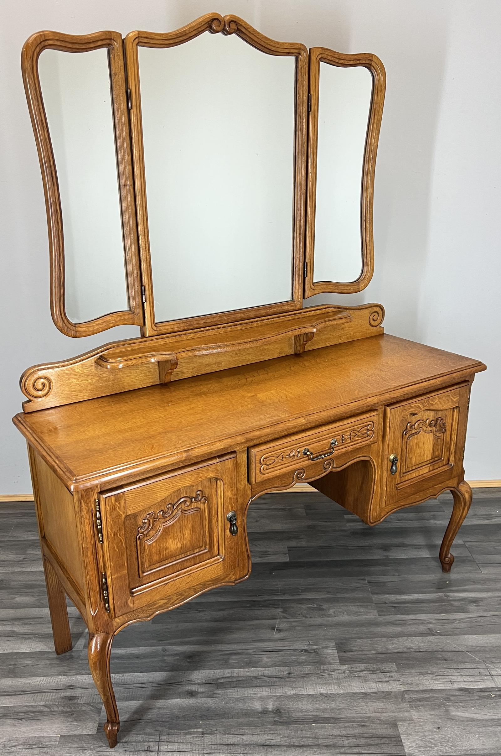 Vintage Dressing Table with Mirror French Oak Vanity Table Makeup (1 of 13)