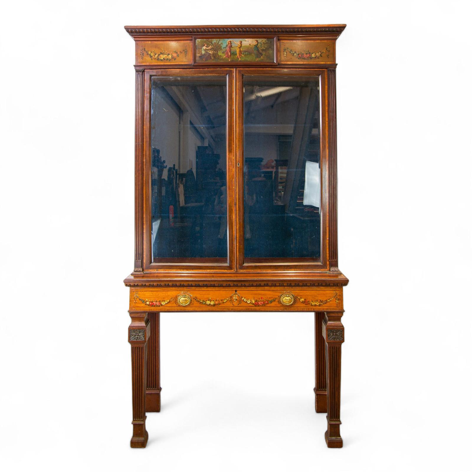 Antique Mahogany & Satinwood Painted Display Cabinet on Stand Hobbs & Sons Lock (1 of 7)
