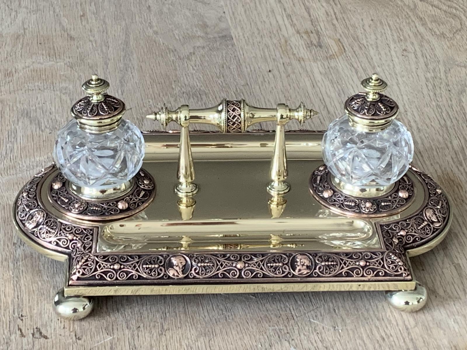 Fine Large 19th Century Neoclassical Brass & Copper Standish Twin Inkwells c.1880 (1 of 9) Fine Large 19th Century Neoclassical Brass & Copper Standish Twin Inkwells c.1880 (1 of 9)